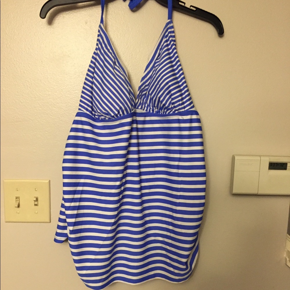 Blue and white maternity tankini top